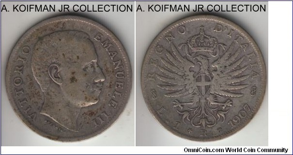 KM-32, 1907 Italy (Kingdom) lira, Rome mint (R mint mark); silver, lettered edge; Vittorio Emmanuele III, earlier coinage, scarcer type, good fine but obverse spots.