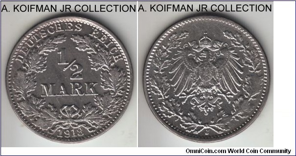 KM-17, 1918 Germany (Empire) 1/2 mark, Hamburg mint (J mint mark); silver, reeded edge; late Wilhelm II imperial coinage, extra fine or better or poorly struck uncirculated specimen, bad edge reeding.