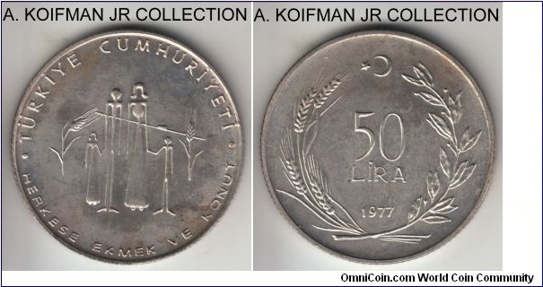 KM-912, 1977 Turkey 50 Lira; silver, reeded edge; FAO commemorative - Planned families issue, mintage 24,569, toned uncirculated.
