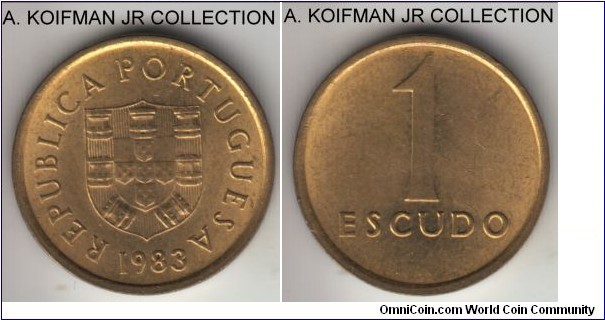 KM-614, 1983 Portugal escudo; nickel-brass, plain edge; modern Republic issue, common, bright uncirculated.