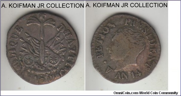 KM-14, AN 14 (1817) Haiti 12 centimes; silver, plain; early Western Republic, small bust variety, crude strike, very fine or about.