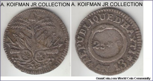 KM-12, AN 13 (1816) Haiti 25 centimes; silver, crudely reeded edge; early Western Republic, crude coinage, nice good fine struck on a full flan which appear to be uncommon.