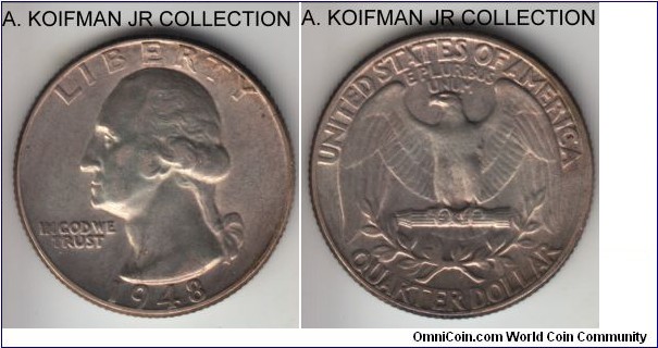 KM-164, 1948 Unites States of America 25 cents, Philadelphia mint (no mint mark); silver, reeded edge; Washington quarter, lightly toned uncirculated.