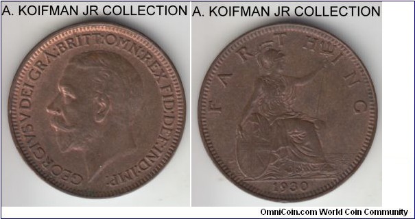 KM-825, 1930 Great Britain farthing; bronze, plain edge; George V, average red brown uncirculated.