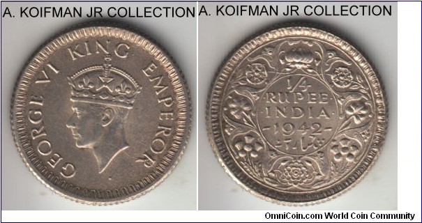 KM-546, 1942 British India 1/4 rupee, Calcutta mint; silver, reeded edge; George VI, uncirculated or almost, weaker strike and a die break.