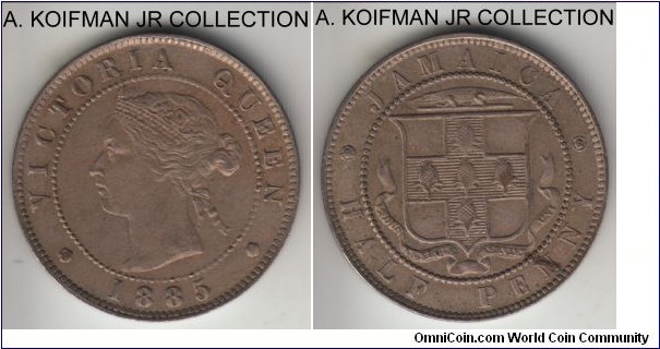 KM-16, 1895 Jamaica 1/2 penny; copper-nickel, plain edge; Victoria, mintage 96,000, extra fine to good extra fine.