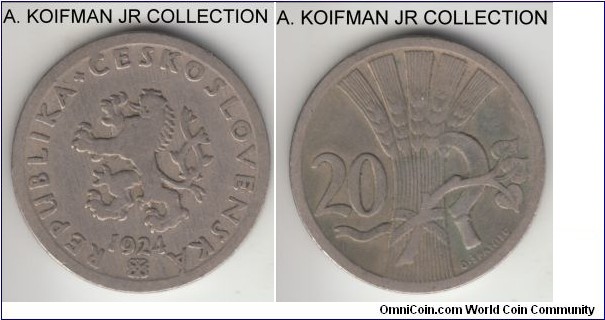 KM-1, 1924 Czechoslovakia 20 haleru; copper-nickel, plain edge; first Republican coinage, good fine or so.