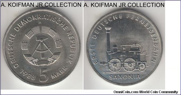 KM-120, 1988 Germany (DDR) 5 mark, Berlin mint (A mint mark); copper-nickel-zinc, lettered edge; Germany first railroad trip - locomotive called Saxony - commemorative, average uncirculated, coin was struck with freshly cleaned dies.