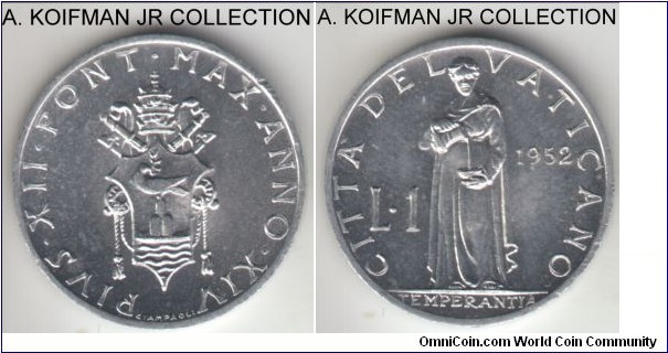 KM-49.1, 1952 Vatican lira; aluminum, plain edge; XIV year of Pius XII, common year, bright uncirculated, depressions in the rim bands seem to be a minting press by product, not individual coin issues.