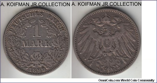 KM-14, 1899 Germany mark, Mildenhutten mint (E mint mark); silver, reeded edge; Wilhelm II, second mark type, smaller mintage year/mint combination, good fine to very fine.