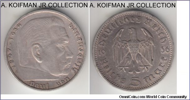 KM-86, 1936 Germany (Third Reich) 5 reichsmark, Berlin mint (A mint mark); silver, lettered edge; Hindenburg issue, common but better grade, extra fine or about.