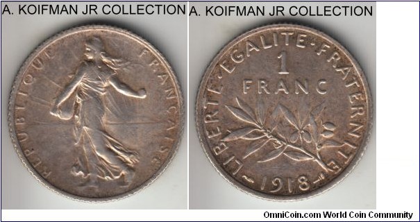 KM-844.1, 1918 France franc; silver, reeded edge; Sower type, common war time year, toned extra fine.