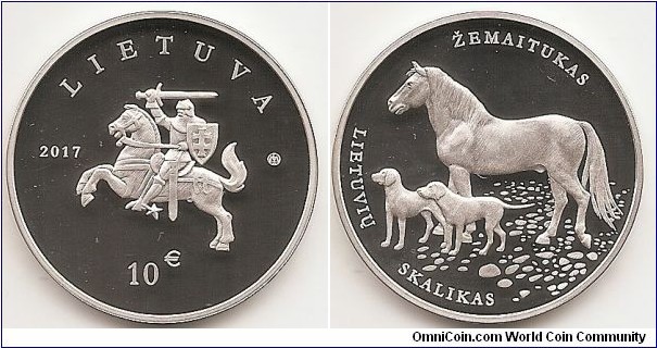 10 Euro
KM#229
Silver Ag 925 Quality proof Diameter 34.00 mm Weight 23.30 g. Series: Lithuanian Nature. The obverse of the coin features a stylised Vytis, surrounded by the inscription LIETUVA (LITHUANIA), date of issue (2017), denomination (€10), and the mintmark of the Lithuanian Mint. The reverse of the coin features the Lithuanian hound and žemaitukas, ancient breeds of Lithuanian domestic animals that evolved under the local environmental conditions from the strongest and most hardy animals. Designed by Rūta Ničajienė and Giedrius Paulauskis. Mintage 2,000 pcs. Issued 21 July 2017. The coin was minted at the state enterprise Lithuanian Mint.
