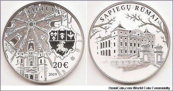 20 Euro KM#NEW Silver Ag 925 Quality proof Diameter 38.61 mm Weight 28.28 g. Series: Lithuanian Castles and Manors. The obverse of the coin features the Church of Christ the Redeemer that belongs to Sapieha Palace complex, in the background – an impressive octagonal dome that is depicted from below, as if looking from inside the church, as well as the grand coat of arms of the Sapieha family, featuring Vytis, the coat of arms of the Republic of Lithuania. The coin also depicts the inscription LIETUVA (LITHUANIA), denomination (€20), the year of issue (2019) and the mintmark of the Lithuanian Mint. The reverse of the coin depicts a Baroque masterpiece – the ensemble of the park and the countryside palace of Jan Kazimierz Sapieha, Grand Hetman of the Grand Duchy of Lithuania. It also features the inscription SAPIEGŲ RŪMAI (SAPIEHA PALACE). Designed by Eglė Ratkutė. Mintage 2,500 pcs. Issued 27-11-2019. The coin was minted at the state enterprise Lithuanian Mint.