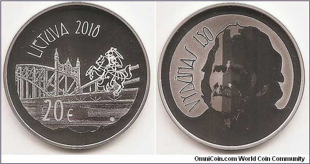 20 Euro KM#NEW. Silver Ag 925 Quality proof Diameter 38.61 mm Weight 28.28 g. Subject: 150th birth anniversary of Vilhelmas Storosta-Vydūnas. The obverse of the coin features Vytis against the background of the Bridge of Queen Louise in Tilsit. By artistic means the composition conveys the efforts of Vydūnas to join Lithuania Major and Lithuania Minor. At the top of the coin – inscription LIETUVA (LITHUANIA) and the date of issue (2018), on the bottom left-hand side – coin denomination (€20). The logo of the Lithuanian Mint is impressed on the right-hand side of the obverse of the coin. The reverse of the coin features Vydūnas (real name Vilhelmas Storosta, 1868–1953) – writer, philosopher and a society figure of Prussian Lithuania, or Lithuania Minor. Designed by Lukas Šiupšinskas, Alvydas Ladyga and Rytis Valantinas. Mintage 2,500 pcs. Issued 22-03-2018. The coin was minted at the state enterprise Lithuanian Mint.