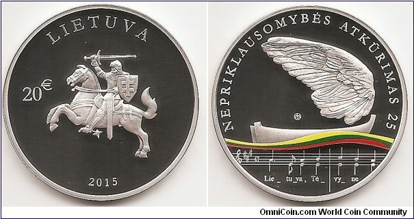 20 Euro KM#215 Silver Ag 925 Quality proof Diameter 38.61 mm Weight 28.28 g. Series: Lithuania’s Road to Independence. The obverse of the coin features a stylised Vytis, surrounded by the inscription LIETUVA (LITHUANIA), denomination (€20), year of issue (2015), and the mintmark of the Lithuanian Mint. The reverse of the coin features a boat with a sail shaped like the wing of a bird, the Lithuanian tricolour flag and a musical fragment of the national anthem; the inscription NEPRIKLAUSOMYBĖS ATKŪRIMAS 25 (RESTORATION OF INDEPENDENCE 25) is arranged in a semicircle. Designed by Rūta Ničajienė and Rytas Jonas Belevičius. Mintage 4,000 pcs. Issued 10-03-2015. The coin was minted at the state enterprise Lithuanian Mint.
