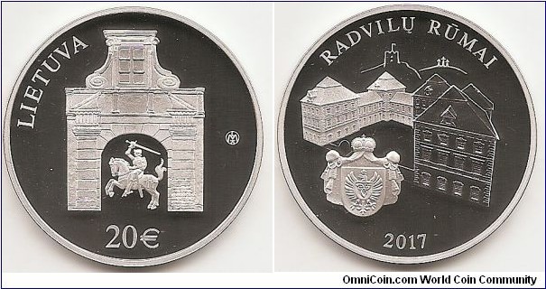 20 Euro KM#232 Silver Ag 925 Quality proof Diameter 38.61 mm Weight 28.28 g. Series: Lithuanian Castles and Manors. The obverse of the coin features the portal of the first eastern facade of the Radziwiłł Palace, in the centre – Vytis, the coat of arms of the Lithuanian state, at the top left – the inscription LIETUVA (LITHUANIA), on the bottom – coin denomination (€20). The logo of the Lithuanian Mint is impressed on the right-hand side of the obverse of the coin. The reverse of the coin features the residential palace of Janusz Radziwiłł, Palatine of Vilnius and Grand Hetman of the Grand Duchy of Lithuania, which was built in the 17th c. in Vilnius. The artistic design highlights the remaining and reconstructed parts of the palace. Below – the coat of arms of the Radziwiłł family, at the bottom of the coin – the date of issue of the coin (2017). Designed by Vytautas Narutis and Giedrius Paulauskis. Mintage 3,000 pcs. Issued 26-09-2017. The coin was minted at the state enterprise Lithuanian Mint.

