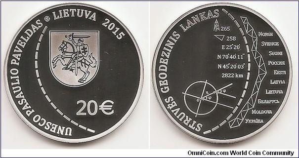 20 Euro KM#217 Silver Ag 925 Quality proof Diameter 38.61 mm Weight 28.28 g. Subject: Struve Geodetic Arc. The obverse of the coin features Vytis in the centre, surrounded by a stylised meridian arc, the inscription UNESCO PASAULIO PAVELDAS, LIETUVA, 2015 (UNESCO WORLD HERITAGE, LITHUANIA, 2015), denomination (€20) and the mintmark of the Lithuanian Mint. The reverse of the coin features an artistic composition that seeks to immortalise globally-significant achievements in science and technology while studying the Earth’s meridian arc, which covers 10 nations. The Struve Geodetic Arc is named in honour of F. G. W. Struve, a scientist who performed geodetic measurements through the triangulation method and systemised the results. The inscription STRUVĖS GEODEZINIS LANKAS (STRUVE GEODETIC ARC) is arranged in a semicircle. Designed by Tadas Žebrauskas. Mintage 3,000 pcs. Issued 11-05-2015. The coin was minted at the state enterprise Lithuanian Mint.
