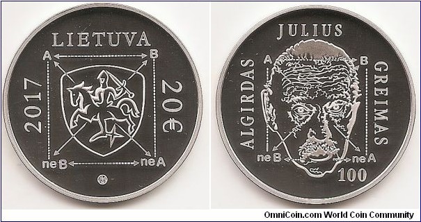 20 Euro KM#233 Silver Ag 925 Quality proof Diameter 38.61 mm Weight 28.28 g. Subject: 100th Anniversary of the Birth of Algirdas Julien Greimas. The obverse of the coin features a stylised Vytis within the Semiotic Square, surrounded by the inscription LIETUVA (LITHUANIA), denomination (€20), date of issue (2017), and the mintmark of the Lithuanian Mint. The reverse of the coin features a portrait of Algirdas Julien Greimas and the number marking his centenary – 100. Designed by Rolandas Rimkūnas and Giedrius Paulauskis. Mintage 3,000 pcs. Issued 09-03-2017. The coin was minted at the state enterprise Lithuanian Mint.