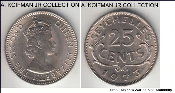 KM-11, 1973 Seychelles 25 cents; copper-nickel, reeded edge; Elizabeth II, late years, typically mintage of 100,000, bright uncirculated.