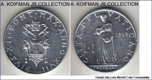 KM-49.1, 1955 Vatican lira; aluminum, plain edge; XVII year of Pius XII, scarce year with 10,000 mintage, average uncirculated, a toning streak on reverse.