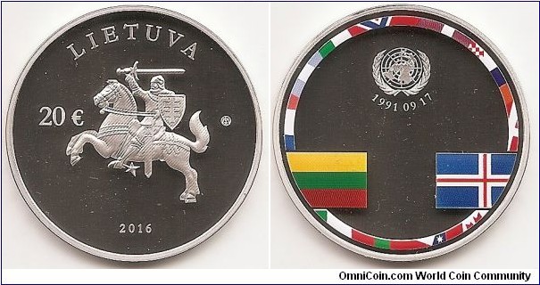 20 Euro KM#223 Silver Ag 925 Quality proof Diameter 38.61 mm Weight 28.28 g. Subject: 25th Anniversary of Membership in UN. The obverse of the coin features a stylised Vytis, surrounded by the inscription LIETUVA (LITHUANIA), year of issue (2016), denomination (€20), and the mintmark of the Lithuanian Mint. The national flags on the reverse of the coin are arranged in the chronological order of the recognition of the State of Lithuania after declaration of its Independence in 1990. Special attention is given to Iceland, which was the first country to recognise Lithuania’s Independence. The reverse also bears the logo of the United Nations (UN). Lithuania joined the UN on 17 September 1991. Designed by Rūta Ničajienė. Mintage 4,000 pcs. Issued 08-09-2016. The coin was minted at the state enterprise Lithuanian Mint.