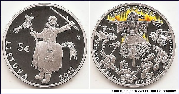 5 Euro KM#NEW Silver Ag 925 Quality proof Diameter 28.70 mm Weight 12.44 g. Series: Traditional Lithuanian Celebrations. The obverse of the coin features a character of Užgavėnės – a horse rider, i.e. a person dressed up in a costume that makes him appear to be riding a horse. It also features the inscription LIETUVA (LITHUANIA), the year of issue (2019), denomination (€5), and the mintmark of the Lithuanian Mint. The reverse of the coin features distinctive attributes characteristic of Užgavėnės, a lively end-of-winter celebration: in the centre – Morė, the effigy of winter, surrounded by a beggar, a crane, a witch baking pancakes, Lašininis, a symbol of winter, Kanapinis, a symbol of spring, and a goat playing an accordion. The composition is surrounded by the inscription UŽGAVĖNĖS and the slogan of the celebration: ŽIEMA, ŽIEMA, BĖK IŠ KIEMO! (WINTER, WINTER GO AWAY!). A pad-printing technology was used to create the impression of flames surrounding Morė. Designed by Giedrius Paulauskis. Mintage 3,000 pcs. Issued 19-02-2019. The coin was minted at the state enterprise Lithuanian Mint.