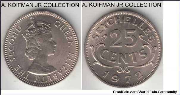 KM-11, 1972 Seychelles 25 cents; copper-nickel, plain edge; Eiizabeth II, typically small mintage of 120,000, nice and well struck brilliant uncirculated coin.