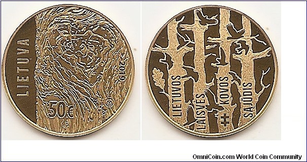 50 Euro KM#NEW 7.78 g., 0.999 Gold 0.040 oz. AGW, 22.30 mm. Subject: Movement for the Struggle for Freedom of Lithuania. The obverse of the coin depicts a heart with the contour of Lithuania in the middle, formed by tree bark ornaments, reminiscent of symbolic scars. It also features the inscription LIETUVA (LITHUANIA), denomination (€50), the year of issue (2019) and the mintmark of the Lithuanian Mint. The reverse of the coin depicts trees with their branches similar to crosses – eternal monuments to the victims of the freedom movement. It also features the inscription LIETUVOS LAISVĖS KOVOS SĄJŪDIS (THE MOVEMENT FOR THE STRUGGLE FOR FREEDOM OF LITHUANIA) and the sign of the double cross. Designed by Eglė Ratkutė. Mintage 3,000 pcs. Issued 12-06-2019. The coin was minted at the state enterprise Lithuanian Mint