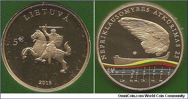 5 Euro KM#NEW 10.0000 g., Copper-aluminium-zinc-tin alloy, 28.0 mm. Series: Lithuania’s Road to Independence. The obverse of the coin features a stylised Vytis, surrounded by the inscription LIETUVA (LITHUANIA), denomination (€20), year of issue (2015), and the mintmark of the Lithuanian Mint. The reverse of the coin features a boat with a sail shaped like the wing of a bird, the Lithuanian tricolour flag and a musical fragment of the national anthem; the inscription NEPRIKLAUSOMYBĖS ATKŪRIMAS 25 (RESTORATION OF INDEPENDENCE 25) is arranged in a semicircle. Designed by Rūta Ničajienė and Rytas Jonas Belevičius. Mintage 4,000 pcs. Issued 10-03-2015. The coin was minted at the state enterprise Lithuanian Mint.Copper-aluminium-zinc-tin alloy