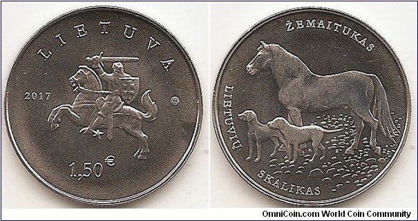 1.5 Euro KM#225 11.10 g., Copper-Nickel, 27.5 mm Series: Lithuanian Nature. The obverse of the coin features a stylised Vytis, surrounded by the inscription LIETUVA (LITHUANIA), date of issue (2017), denomination (€1,50), and the mintmark of the Lithuanian Mint. The reverse of the coin features the Lithuanian hound and žemaitukas, ancient breeds of Lithuanian domestic animals that evolved under the local environmental conditions from the strongest and most hardy animals. Designed by Rūta Ničajienė and Giedrius Paulauskis. Mintage 2,000 pcs. Issued 21 July 2017. The coin was minted at the state enterprise Lithuanian Mint.
