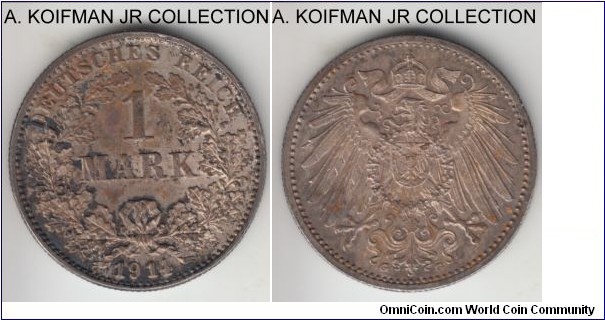 KM-14, 1914 Germany (Empire) mark, Karlsruhe mint (G mint mark); silver, reeded edge; Wilhelm II, good extra fine, heavy toning/staining on obverse.