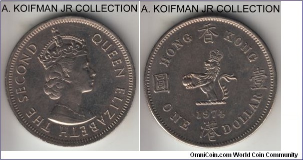 KM-35, 1974 Hong Kong dollar; copper-nickel, reeded edge; Elizabeth II, British possession circulation coinage, about uncirculated.