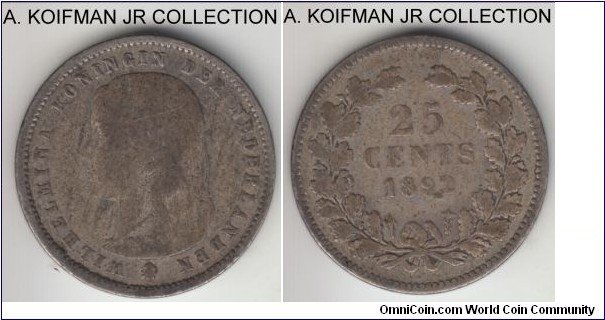 KM-115, 1892 Netherlands 25 cents; silver, reeded edge; Wilhelmina I, short and heavily circulated issue with young head, well circulated and toned good to very good.