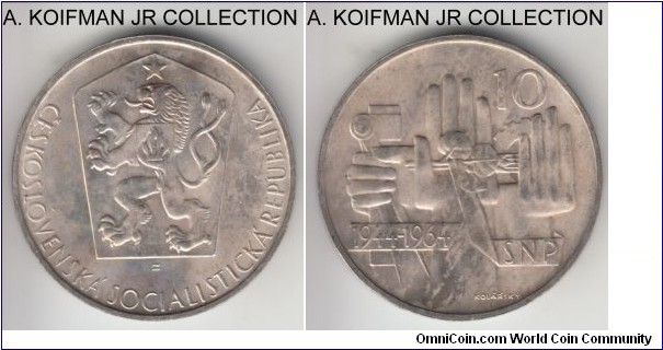 KM-56, 1964 Czechoslovakia 10 korun; silver, lettered edge; 20'th anniversary of the Slovak uprising commemorative, toned uncirculated.