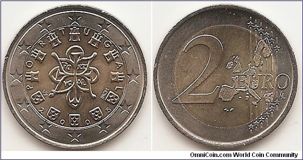 2 Euro KM#747 8.5000 g., Bi-Metallic Nickel-Brass center in Copper-Nickel ring, 25.75 mm. Obv: The third royal seal of 1144 of Afonso Henriques, the first king of Portugal, is encircled by alternately the seven country's castles and the five coats of arms, which appear an the Portugese flag, and the letters of the word 