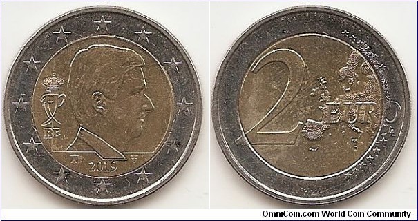 2 Euro KM#338 8.5000 g., Bi-Metallic Nickel-Brass center in Copper-Nickel ring, 25.75 mm. Obv: Coin features the effigy of the new Head of State His Majesty Philippe, King of the Belgians, in profile to the right. To the left of the effigy, the indication of the issuing country ‘BE’ and on top of it the royal monogram. Under the effigy, the mint master mark at the left and the mint mark at the right flank the year of issuance, themselves encircled by the twelve stars of Europe. Rev: 2 on the left-hand side, six straight lines run vertically between the lower and upper right-hand side of the face, 12 stars are superimposed on these lines, one just before the two ends of each line, superimposed on the mid - and upper section of these lines; the European continent ( extended ) is represented on the right-hand side of the face; the right-hand part of the representation is superimposed on the mid-section of the lines; the word ‘EURO’ is superimposed horizontally across the middle of the right-hand side of the face. Under the ‘O’ of EURO, the initials ‘LL’ of the engraver appear near the right-hand edge of the coin. Edge: Reeded with edge lettering: 6 times the sequence 