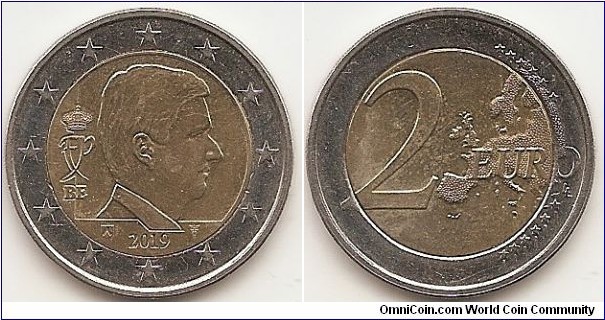 2 Euro KM#338 8.5000 g., Bi-Metallic Nickel-Brass center in Copper-Nickel ring, 25.75 mm. Obv: Coin features the effigy of the new Head of State His Majesty Philippe, King of the Belgians, in profile to the right. To the left of the effigy, the indication of the issuing country ‘BE’ and on top of it the royal monogram. Under the effigy, the mint master mark at the left and the mint mark at the right flank the year of issuance, themselves encircled by the twelve stars of Europe. Rev: 2 on the left-hand side, six straight lines run vertically between the lower and upper right-hand side of the face, 12 stars are superimposed on these lines, one just before the two ends of each line, superimposed on the mid - and upper section of these lines; the European continent ( extended ) is represented on the right-hand side of the face; the right-hand part of the representation is superimposed on the mid-section of the lines; the word ‘EURO’ is superimposed horizontally across the middle of the right-hand side of the face. Under the ‘O’ of EURO, the initials ‘LL’ of the engraver appear near the right-hand edge of the coin. Edge: Reeded with edge lettering: 6 times the sequence 