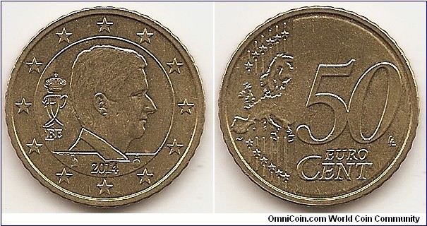 50 Euro cents KM#336 7.8100 g., Brass, 24.25 mm. Obv: Coin features the effigy of the new Head of State His Majesty Philippe, King of the Belgians, in profile to the right. To the left of the effigy, the indication of the issuing country ‘BE’ and on top of it the royal monogram. Under the effigy, the mint master mark at the left and the mint mark at the right flank the year of issuance, themselves encircled by the twelve stars of Europe. Rev: 50 on the right-hand side, below EURO CENT in two lines; Six straight lines run vertically between the lower and upper left hand side of the face, 12 stars are superimposed on these lines, one just before the two ends of each line, superimposed on the mid - and upper section of these lines, the European continent ( extended ) is represented; the initials ‘LL’ of the engraver appear between the numeral and the edge on the right-hand side of the coin. Designer: Luc Luycx Edge: Reeded