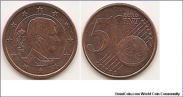 5 Euro cents KM#333 3.92 g., Copper Plated Steel, 21.25 mm. Ruler: Philippe. Obv: Coin features the effigy of the new Head of State His Majesty Philippe, King of the Belgians, in profile to the right. To the left of the effigy, the indication of the issuing country ‘BE’ and on top of it the royal monogram. Under the effigy, the mint master mark at the left and the mint mark at the right flank the year of issuance, themselves encircled by the twelve stars of Europe. Rev: Large value at left, globe at lower right. Designer: Luc Luycx Edge: Plane