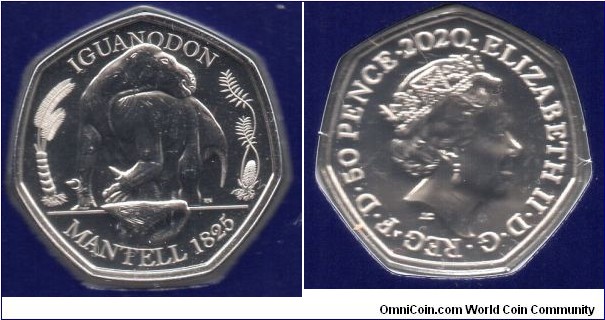 50p Iguanodon. In 1822, while travelling near Lewes, Sussex, Mary Mantell noticed a large tooth at the side of the road belonging to a previously unknown animal. Her husband, Dr Gideon Mantell, was struck by their similarity to those of an iguana, naming it Iguanodon in 1825