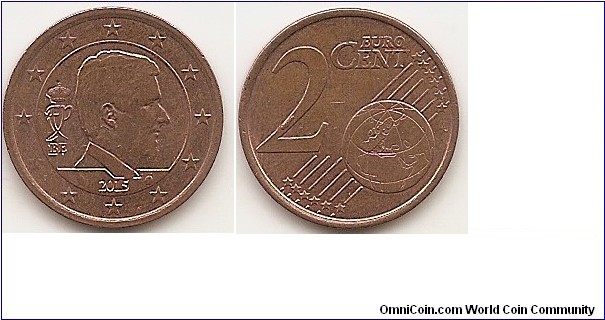 2 Euro cents KM#332 3.06 g., Copper Plated Steel, 18.75 mm. Ruler: Philippe. Obv: Coin features the effigy of the new Head of State His Majesty Philippe, King of the Belgians, in profile to the right. To the left of the effigy, the indication of the issuing country ‘BE’ and on top of it the royal monogram. Under the effigy, the mint master mark at the left and the mint mark at the right flank the year of issuance, themselves encircled by the twelve stars of Europe. Rev: Large value at left, globe at lower right. Designer: Luc Luycx Edge: Smooth with a groove.