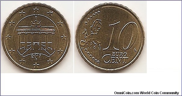 10 Euro cents KM#254 4.10 g., Brass, 19.75 mm. Obv: Twelve stars surround the Brandenburg Gate, date over mint mark F below. Rev: 10 on the right-hand side, below EURO CENT in two lines; Six straight lines run vertically between the lower and upper left hand side of the face, 12 stars are superimposed on these lines, one just before the two ends of each line, superimposed on the mid - and upper section of these lines, the European continent ( extended ) is represented; the initials ‘LL’ of the engraver appear between the numeral and the edge on the right-hand side of the coin. Obv. Designer: Vitor Santos Rev. Designer: Luc Luycx Edge: Reeded