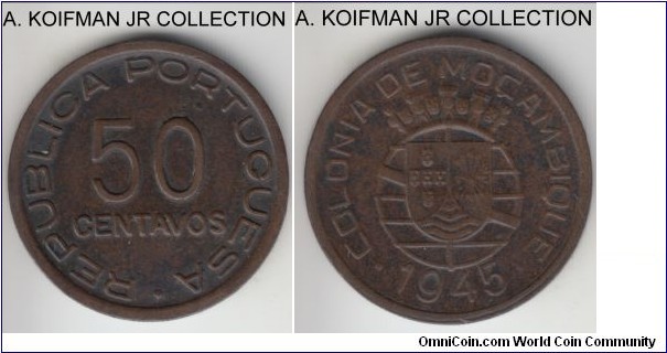 KM-75, 1945 Portuguese Mozambique (Colony) 50 centavos; bronze, reeded edge; one year and somewhat scarcer issue, dark brown very fine or so.