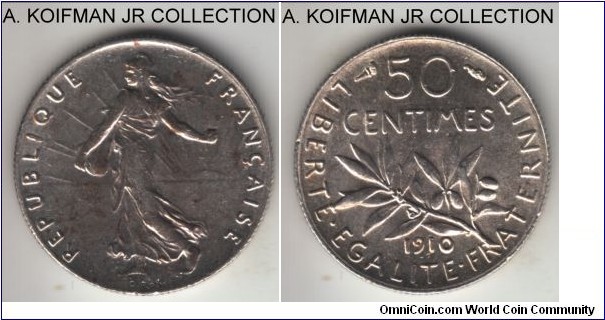 KM-854, 1910 France 50 centimes; silver, reeded edge; Roty's famous 
