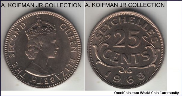 KM-11, 1968 Seychelles 25 cents; copper-nickel, reeded edge; Elizabeth II, one of the smaller mintage years - 20,000, choice uncirculated.