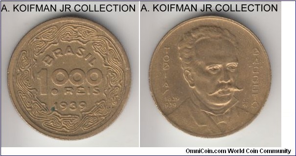 KM-550, 1939 Brazil 1000 reis; aluminum-bronze, reeded edge; Tobias Barreto circulation 1-year type issue, uncirculated or almost.