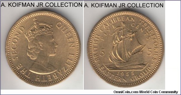 KM-4, 1955 British Caribbean Territories (East Caribbean) 5 cents; nickel-brass, reeded edge; Elizabeth II, nice yellowish uncirculated specimen.