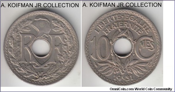 KM-866a, 1931 France 10 centimes; copper-nickel, holed flan, plain edge; common between war issue, average uncirculated.