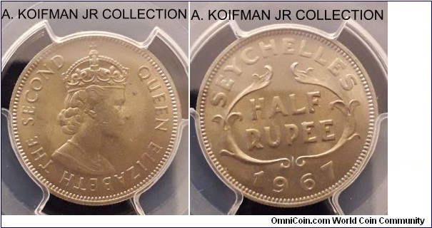 KM-12, 1967 Seychelles half rupee; copper-nickel, reeded edge; Elizabeth II, not the smallest but still scarce mintage of 20,000, PCGS graded MS 65.